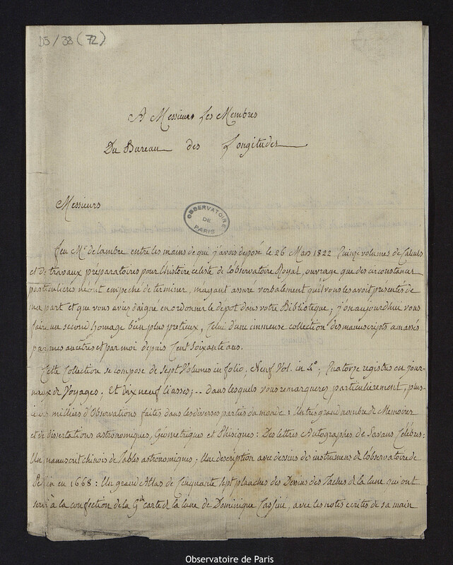 Lettre de Cassini IV aux Messieurs les Membres du Bureau des Longitudes de Paris, le 8 janvier 1823