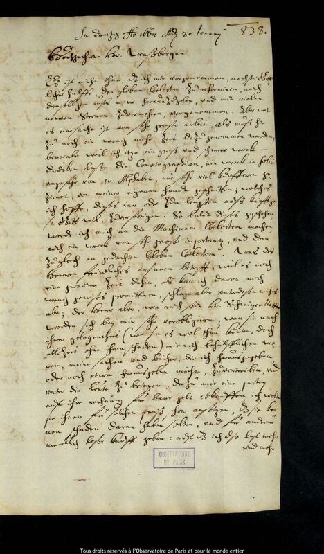 Lettre de Jan Heweliusz à Johannes Janssonius van Waesberge, Gdansk, 30 janvier 1664