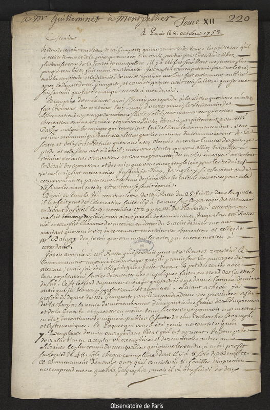 Lettre de Joseph-Nicolas Delisle à Pierre-François de Guilleminet, Paris, 8 octobre 1753