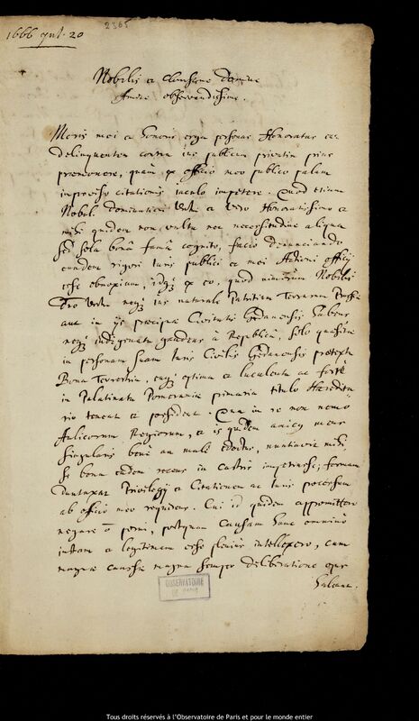 Lettre de Jan Tonski à Jan Heweliusz ?, Torun, 20 juillet 1666