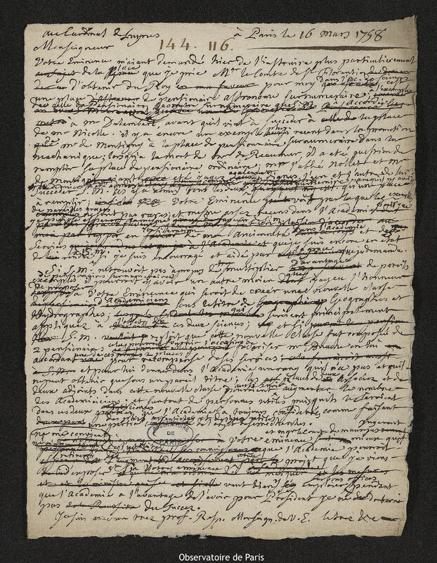 Lettre de Joseph-Nicolas Delisle à Paul d'Albert de Luynes, Paris, 16 mars 1758