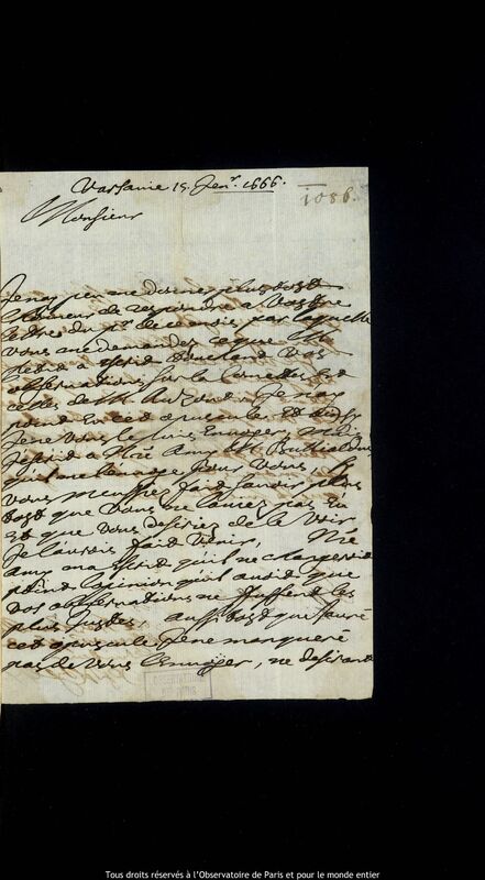 Lettre de Pierre Des Noyers à Jan Heweliusz, Varsovie, 15 janvier 1666