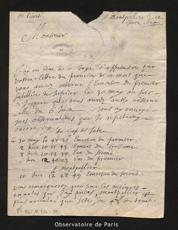 Lettre de Picard à Cassini I, Montpellier le 12 juin 1674