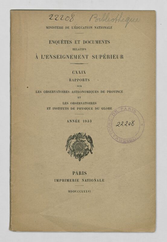 (1933) Rapport sur les observatoires astronomiques de province