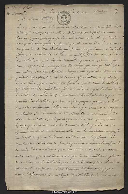 Lettre de Joseph-Nicolas Delisle à Jacques d'Allonville de Louville, Paris, 11 octobre 1711