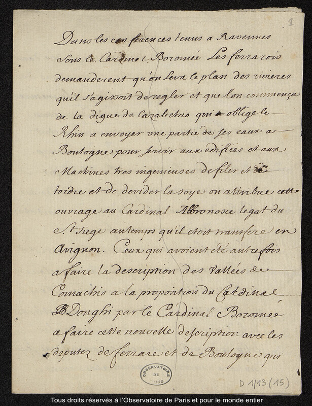 Texte sur le différend entre Ferrare et Bologne et d’autres observations astronomiques menées à Rome