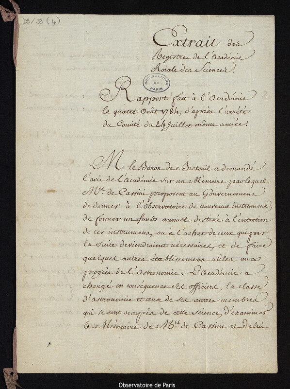 Copie de l'extrait des registres de l'Académie Royale des Sciences, Rapport fait à l'Académie le 4 août 1784, d'après l'arrêté du Comité du 24 juillet 1784 sur le projet d'Etablissement