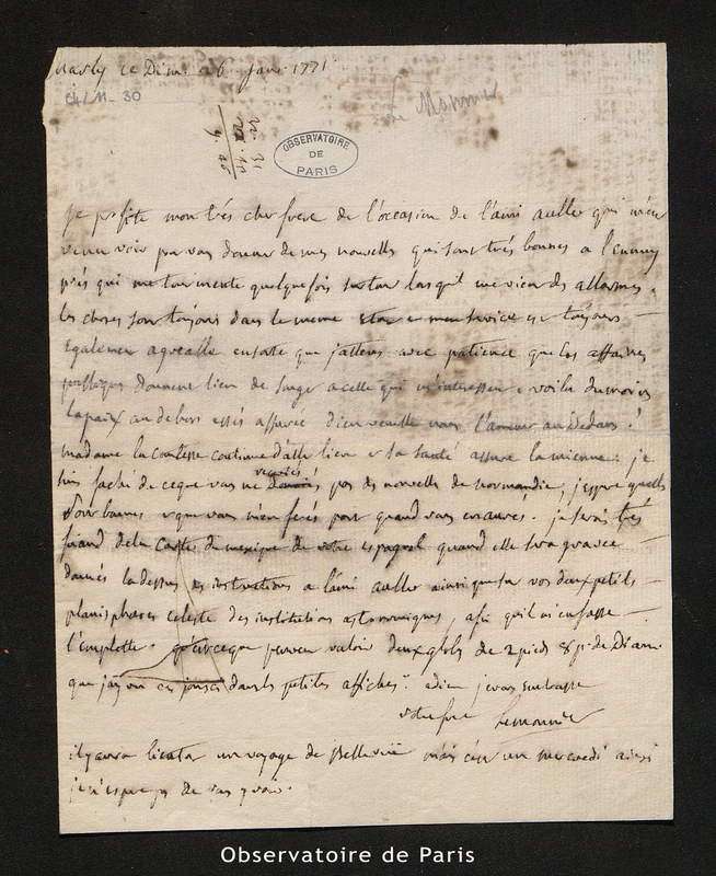 Lettre de Le Monnier (le médecin frère du précédent) à Le Monnier, Marly le 26 janvier 1771