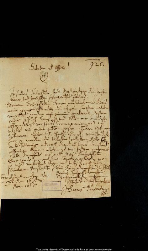 Lettre de Johannes Placentinus à Jan Heweliusz, Francfort-sur-l'Oder, 16 janvier 1665