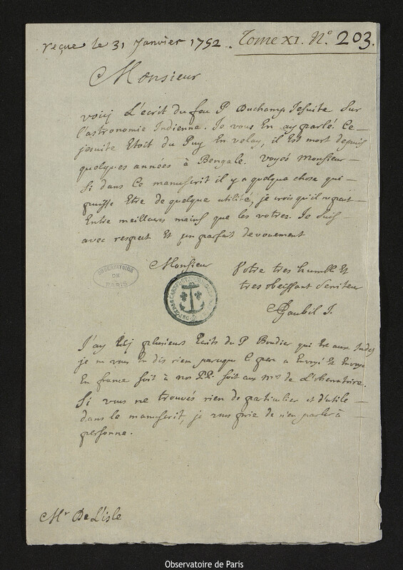 Lettre de Antoine Gaubil à Joseph-Nicolas Delisle