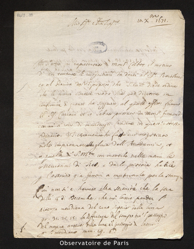 Lettre de Cassini I à Picard, Paris le 10 décembre 1671