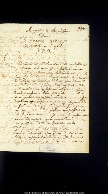 Lettre de Jacques Oisel à Jan Heweliusz, La Haye, 1er mai 1665