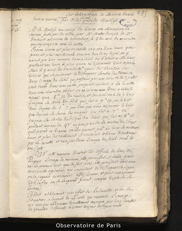 Sur l'observation de Mercure dans le Soleil, faite à Vienne, envoyée par M. le Comte de Marsigli