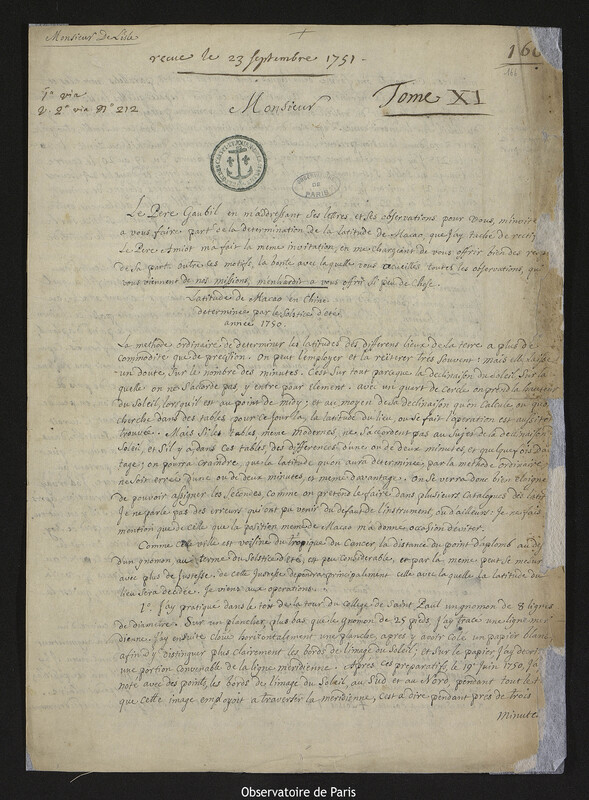 Lettre de Gaspar Jean Chanseaume à Joseph-Nicolas Delisle, Macao, 20 décembre 1750