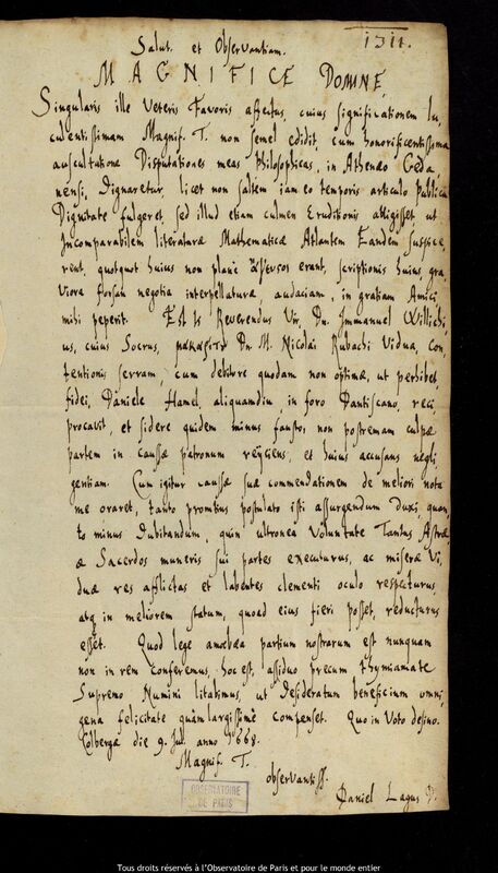 Lettre de Daniel Lagus à Jan Heweliusz, Kolobrzeg, 9 juillet 1668