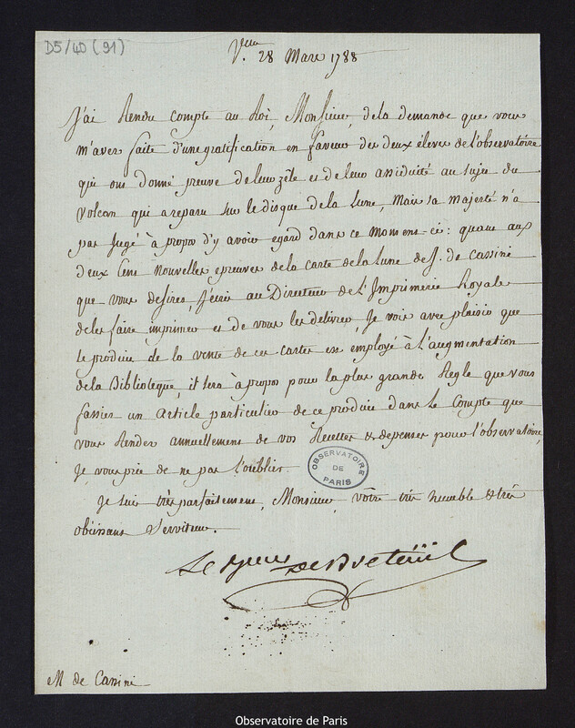 Lettre de Louis Le Tonnelier, baron de Breteuil, à Cassini IV, directeur de l'Observatoire, le 28 mars 1788