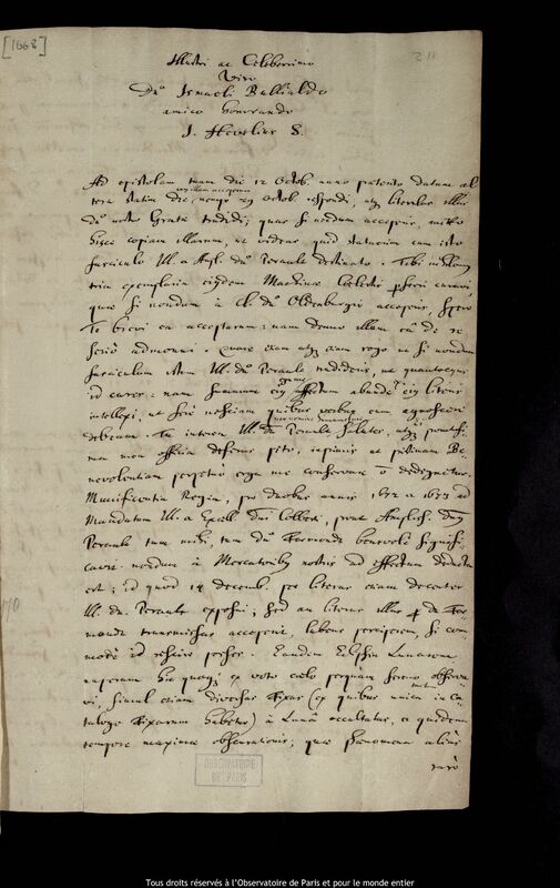 Lettre de Jan Heweliusz à Ismaël Boulliau, Gdansk, 20 mars 1675