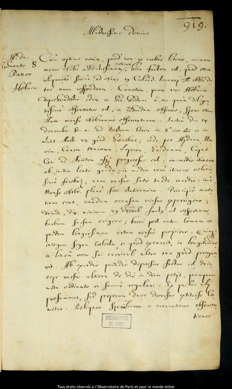 Lettre de Jan Heweliusz à Svante Svantesson Banér, Gdansk, 30 janvier 1665