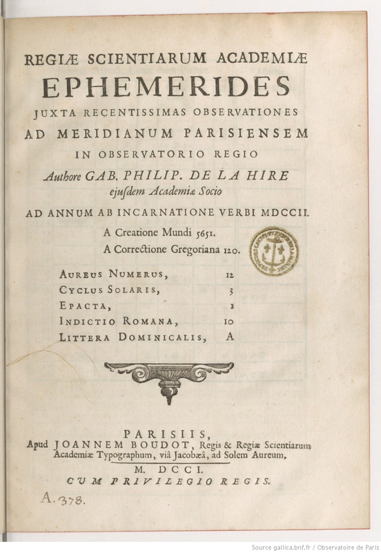 Regiae scientiarum academiae ephemerides juxta recentissimas observationes ad meridianum parisiensem in observatorio regio (1701-1703)