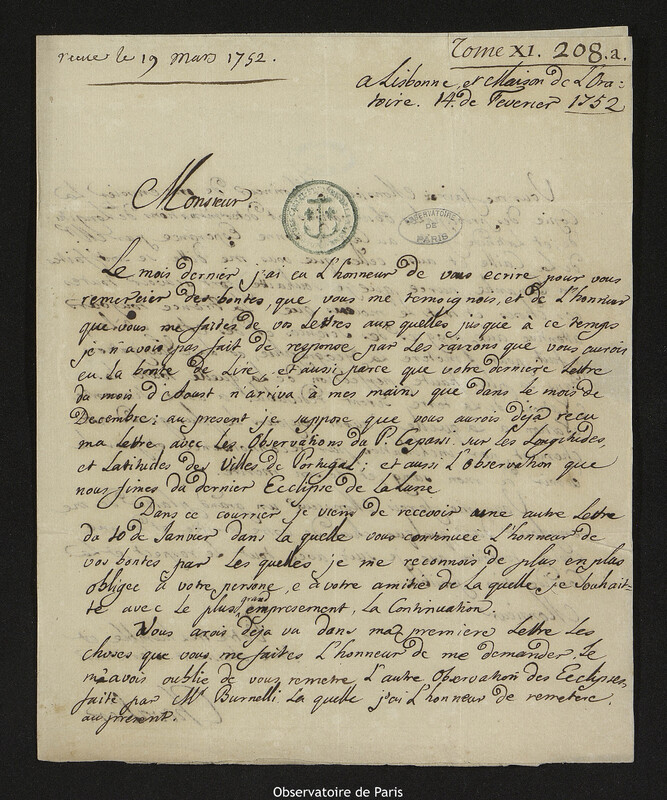 Lettre de Jean Chevalier à Joseph-Nicolas Delisle, Lisbonne, 14 février 1752