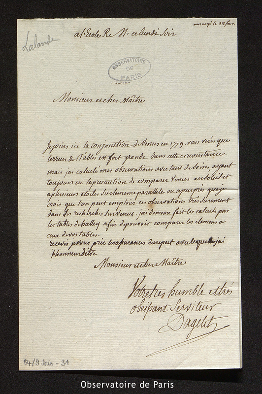 Lettre de Dagelet à Lalande, Ecole Militaire