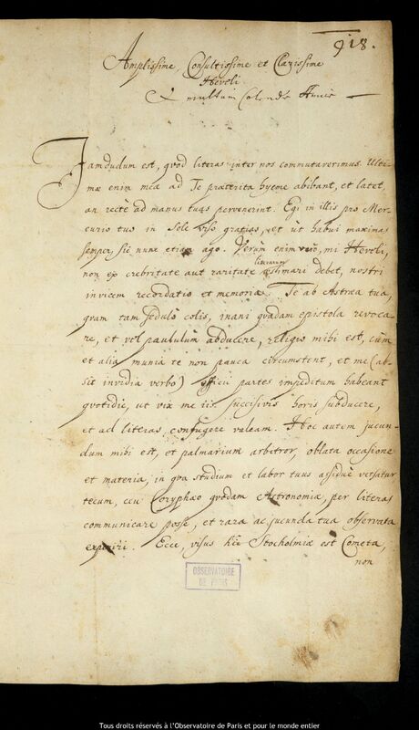 Lettre de Svante Svantesson Banér à Jan Heweliusz, Stockholm, 14 décembre 1664