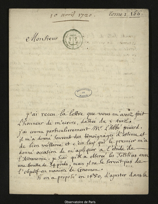 Lettre de Jean de Hautefeuille à Joseph-Nicolas Delisle, Orléans, 10 avril 1720