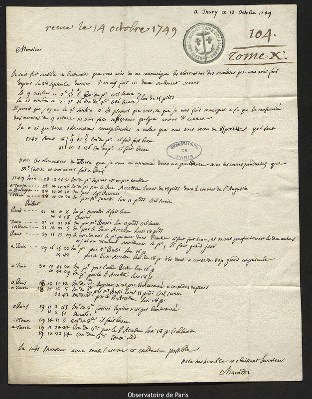 Lettre de Jean Dominique Maraldi à Joseph-Nicolas Delisle, Thury-sous-Clermont, 13 octobre 1749