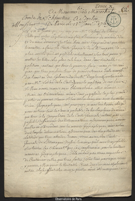 Lettre de Joseph-Nicolas Delisle à comte Samuel de Schmettau, Paris, 18 janvier 1749