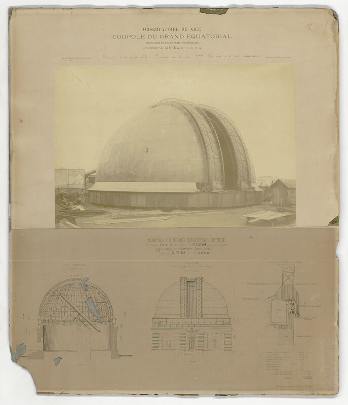 Coupole du grand équatorial de Nice ; M. Charles Garnier architecte, M. G. Eiffel constructeur ; application du flotteur annulaire, système G. Eiffel, breveté S.G.D.G. Coupe longitudinale ; élevation avec la trappe d’observation ouverte ; coupe du flotteur et de la cuve (titre original)