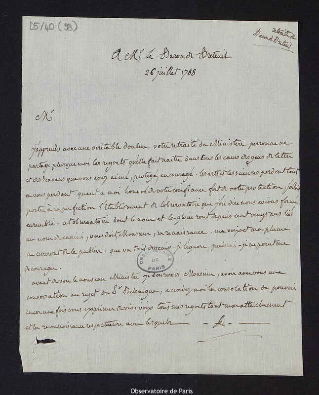 Lettre de Cassini IV, directeur de l'Observatoire, à Louis Le Tonnelier, baron de Breteuil, le 26 juillet 1788