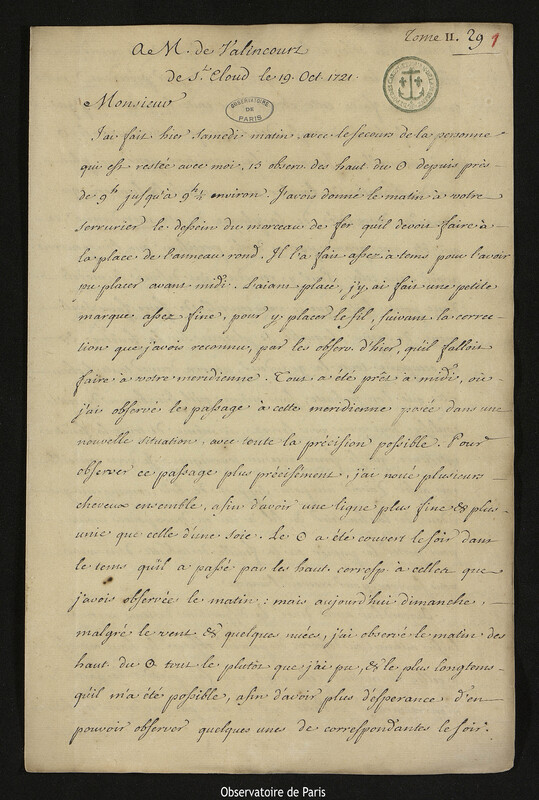 Lettre de Joseph-Nicolas Delisle à Jean-Baptiste-Henri du Trousset de Valincour,19 octobre 1721