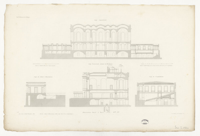 Observatoire Royal à Paris : pl. 3ème : Coupe longitudinale et coupe transversale suivant la méridienne (échelle : 3 mm/m pour les 2 coupes principales et échelle : 5mm/m pour les 2 coupes du cabinet d’observations et de l’amphithéâtre).1667 à 1672 (Claude Perrault ; 1832 (M. Biet, cabinets d’observations), 1838 à 1840 (M. de Gisors, amphithéâtre) (titre original)