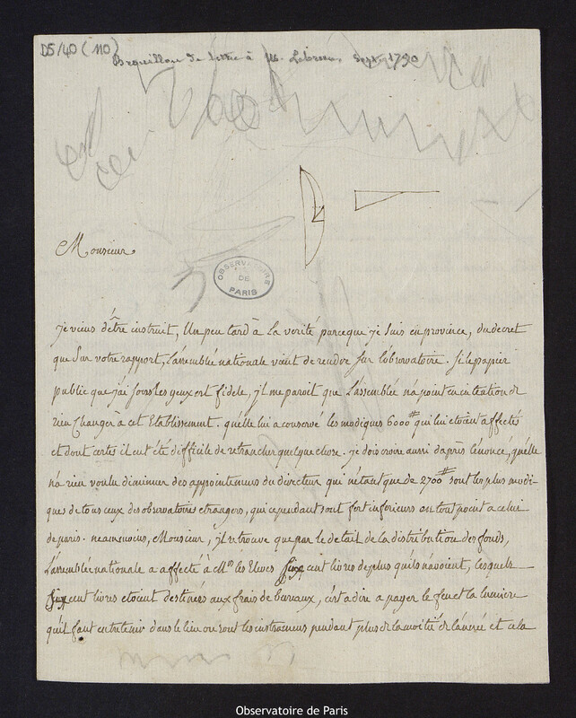 CASSINI IV. Brouillon de lettre adressée à Pierre Tondu dit Lebrun