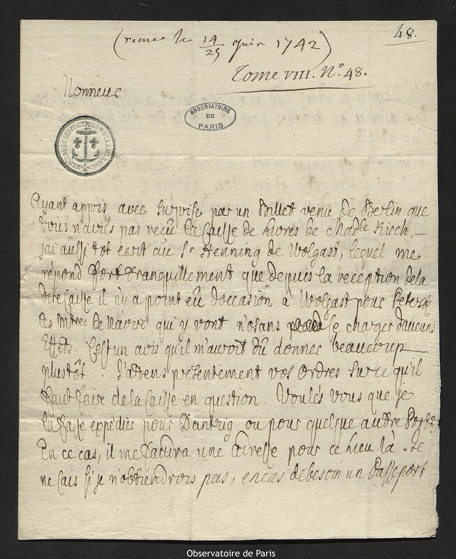 Lettre de Paul Émile de Mauclerc à Joseph-Nicolas Delisle, Szczecin, 13 juin 1742