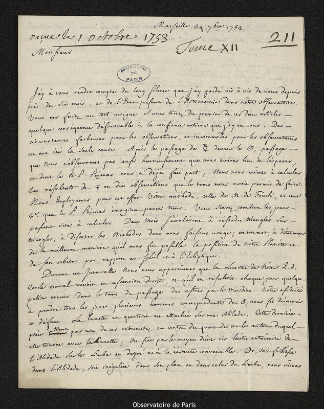 Lettre de Louis Lagrange à Joseph-Nicolas Delisle, Marseille, 24 septembre 1753