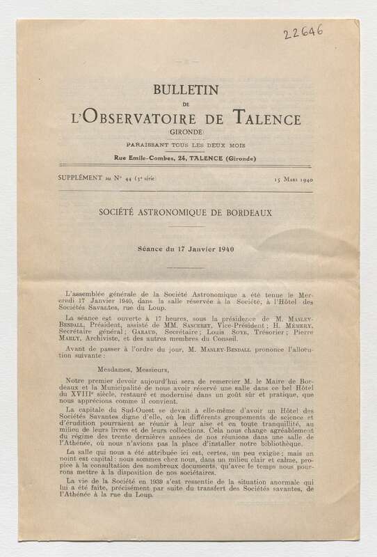 (1940) Bulletin de l'Observatoire de Talence, 3e série