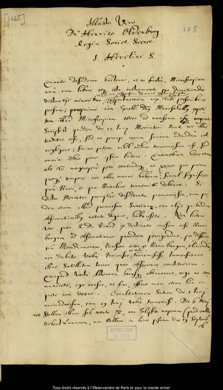 Lettre de Jan Heweliusz à Henry Oldenburg, Gdansk, 7 octobre 1671