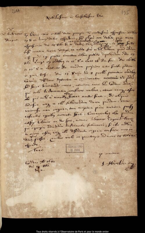 Lettre de Jan Heweliusz à Johann Gebhard Rabener, Gdansk, 18 février 1681