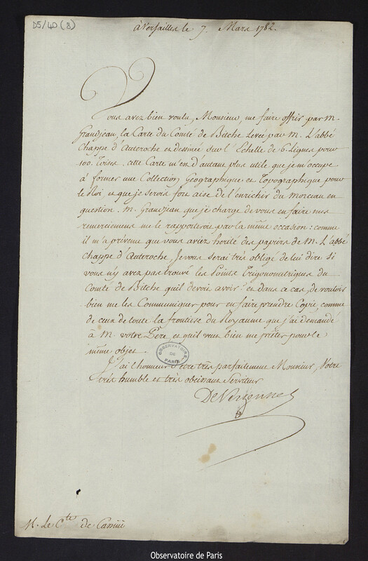 Lettre de Charles Gravier, comte de Vergennes, à Cassini IV, à Versailles le 7 mars 1782