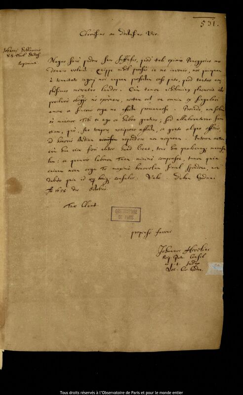 Lettre de Jan Heweliusz à Jan Slawicz, Gdansk, octobre 1658