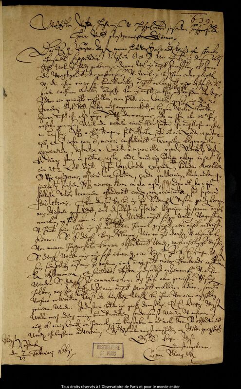 Lettre de Caspar March à Jan Heweliusz, Rostock, 7 février 1661