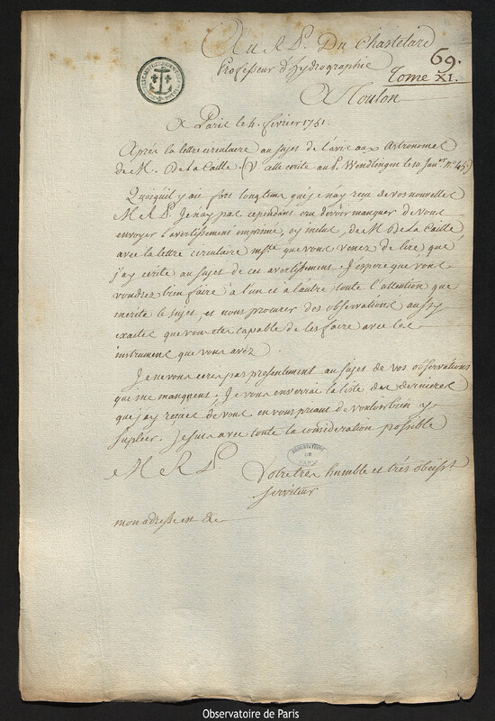 Lettre de Joseph-Nicolas Delisle à Jean-Jacques Du Chatelard, Paris, 4 février 1751