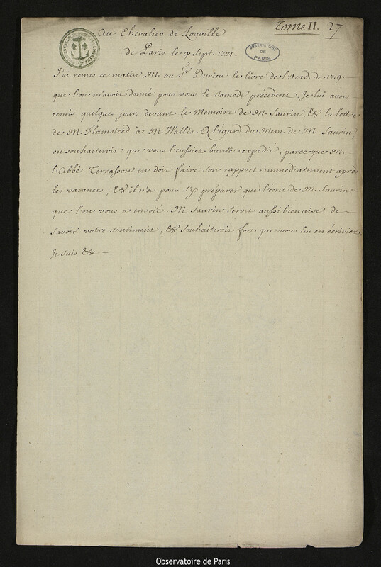 Lettre de Joseph-Nicolas Delisle à Jacques d'Allonville de Louville, Paris, 9 septembre 1721