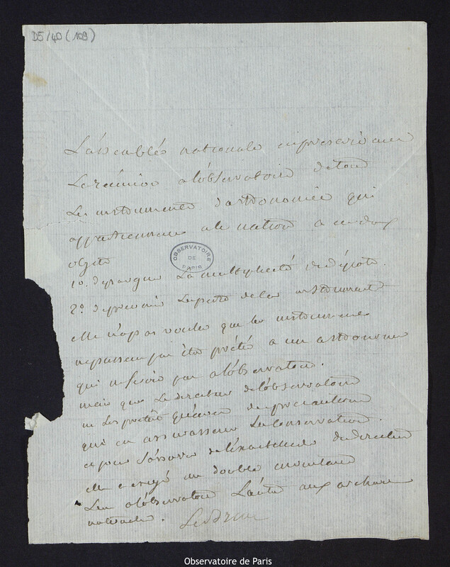 Lettre de Pierre Tondu dit Lebrun, à Cassini IV, directeur de l'Observatoire