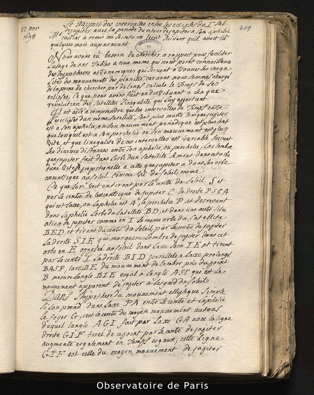 Le rapport des intervalles entre les éclipses du 1e satellite de Jupiter avec la période du retour de Jupiter à son aphélie, M. Cassini a remis au secrétaire l'écrit suivant qu'il avait lû quelques mois auparavant