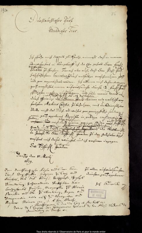 Lettre de Jan Heweliusz à Friedrich Wilhelm (électeur de Brandebourg), Gdansk, 14 mars 1679