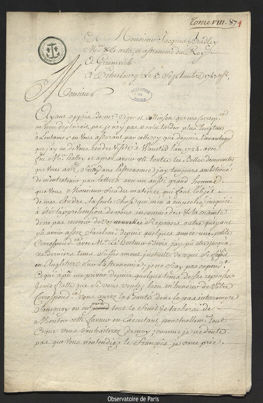 Lettre de Joseph-Nicolas Delisle à James Bradley, Saint-Pétersbourg, 3 septembre 1743