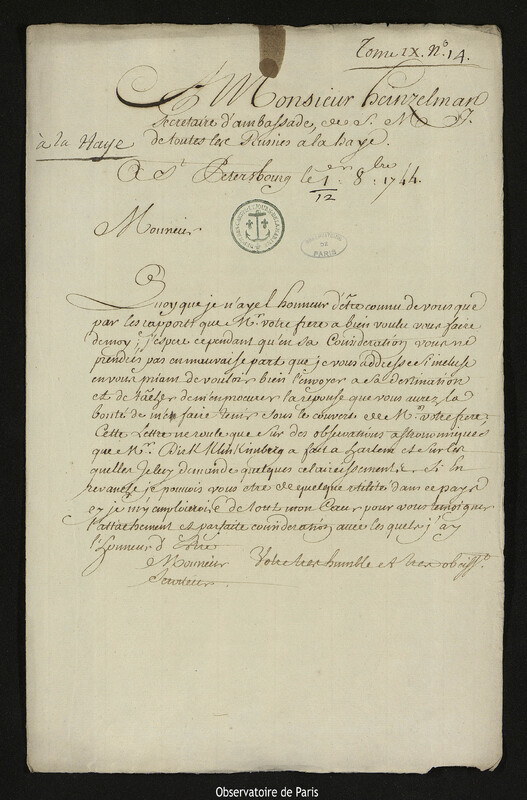 Lettre de Joseph-Nicolas Delisle à Heinzelman, Saint-Pétersbourg, 12 octobre 1744