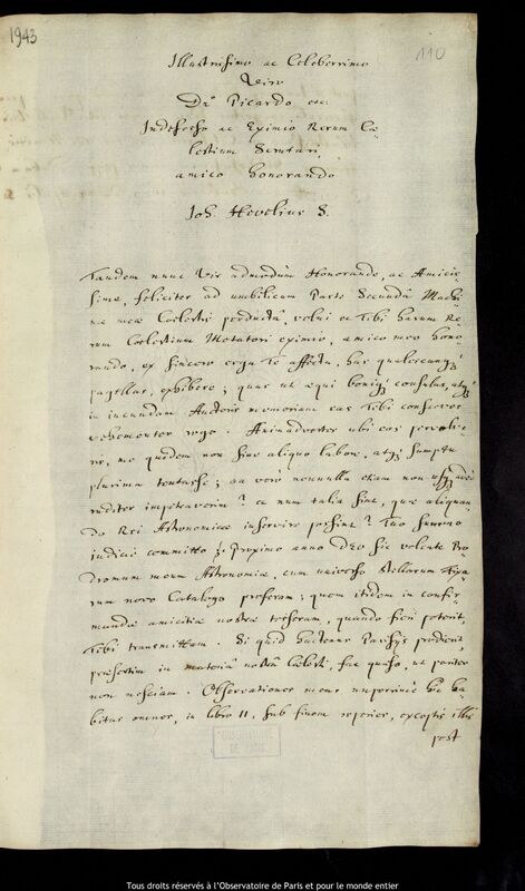 Lettre de Jan Heweliusz à Jean Picard, Gdansk, 24 avril 1679